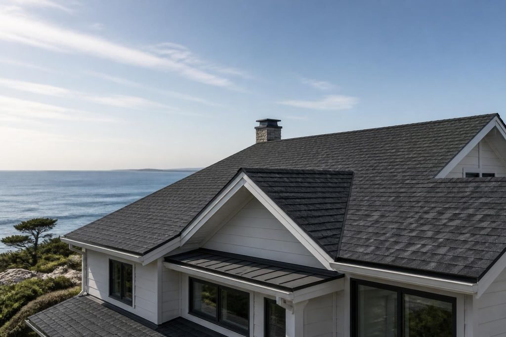 Freshly completed shingle roof on a modern coastal home under natural light